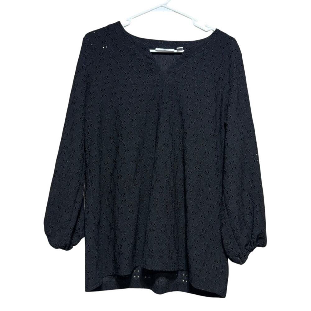 Susan Graver Passport Women's M Black Eyelet V-Neck Top Puff Sleeve Knit Coverup - Picture 1 of 8